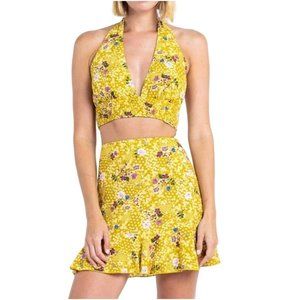 Skylar + Madison Floral Halter Top Mini Skirt Two Piece Set Yellow Small NWT